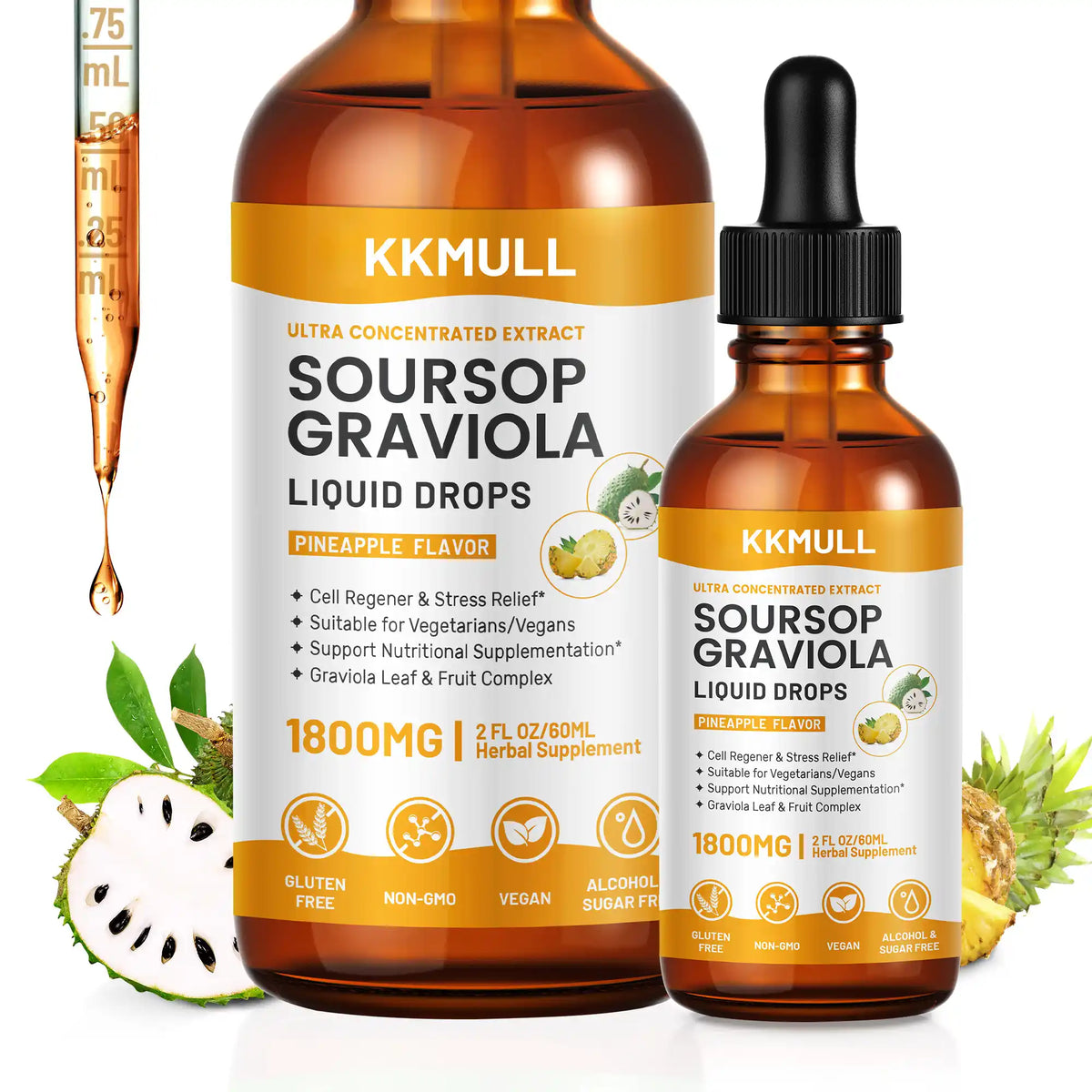 KKMULL Graviola Soursop Leaf Extract Liquid Natural sleep aid preparations, Pineapple Flavor, 2 Fl Oz